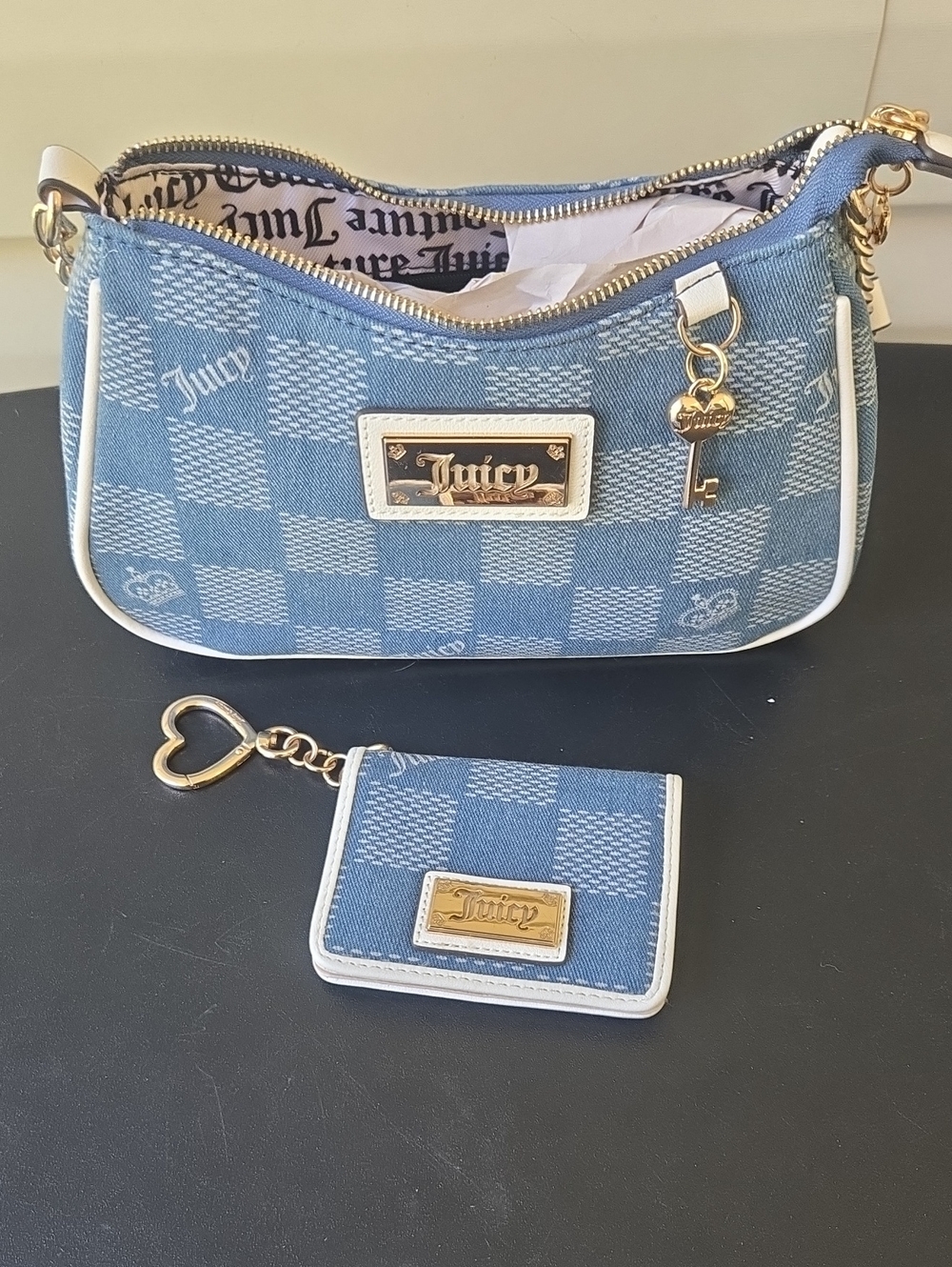 Juicy Couture Blue Check Mini Shoulder Bag with Wallet Key Charm